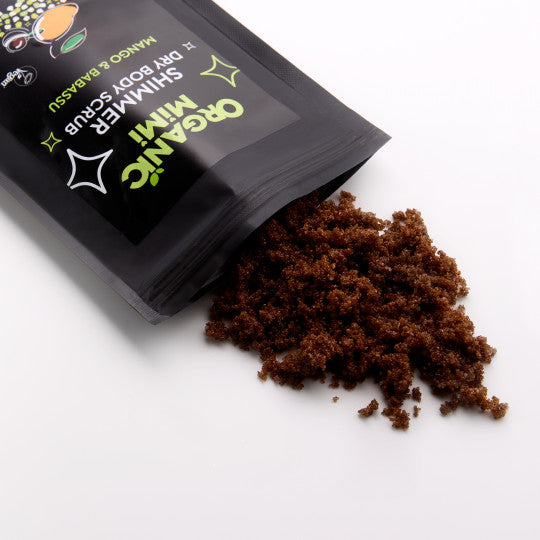 ORGANIC MIMI sausas kūno šveitiklis su žėručiu Mangas ir puošnioji atalė, 150 g